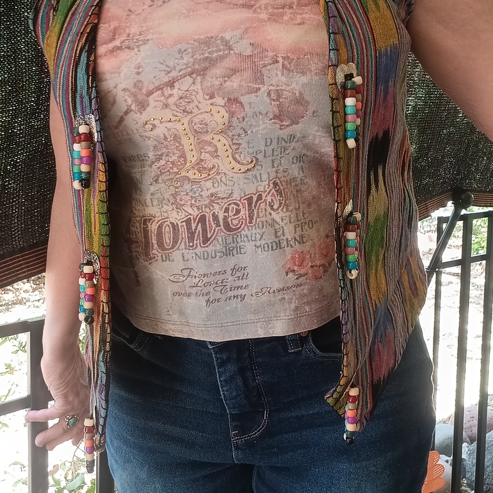 Vintage handmade multicolored native print beaded vest